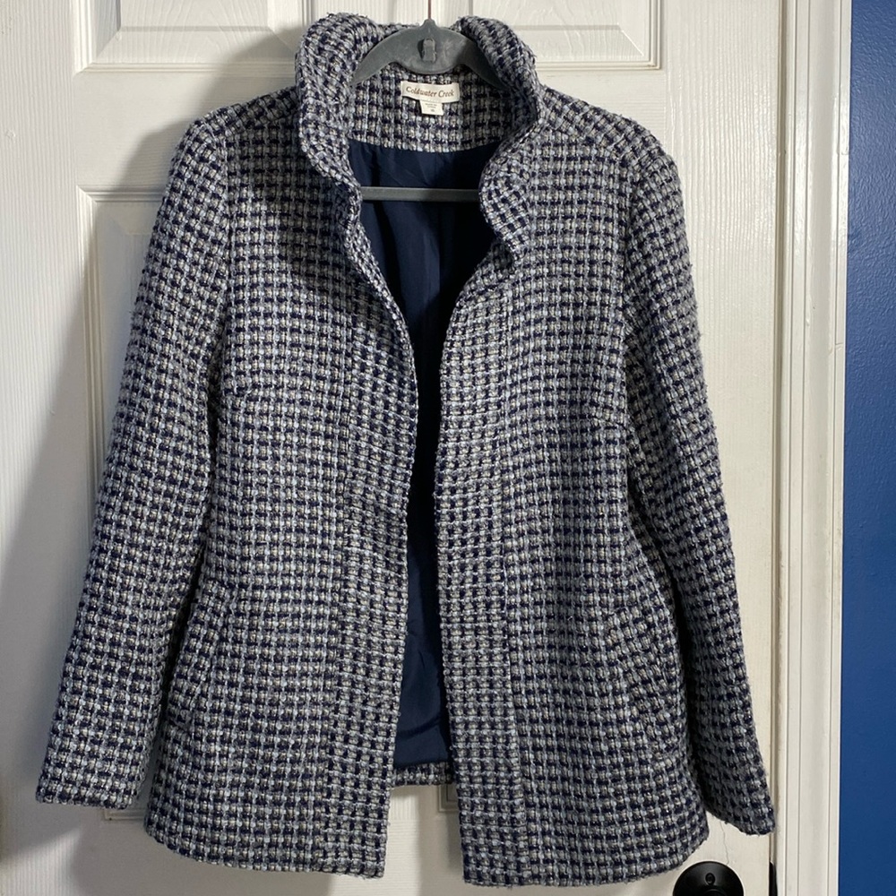 Coldwater Creek Open Front Tweed Blue Blazer Jacket Size 10